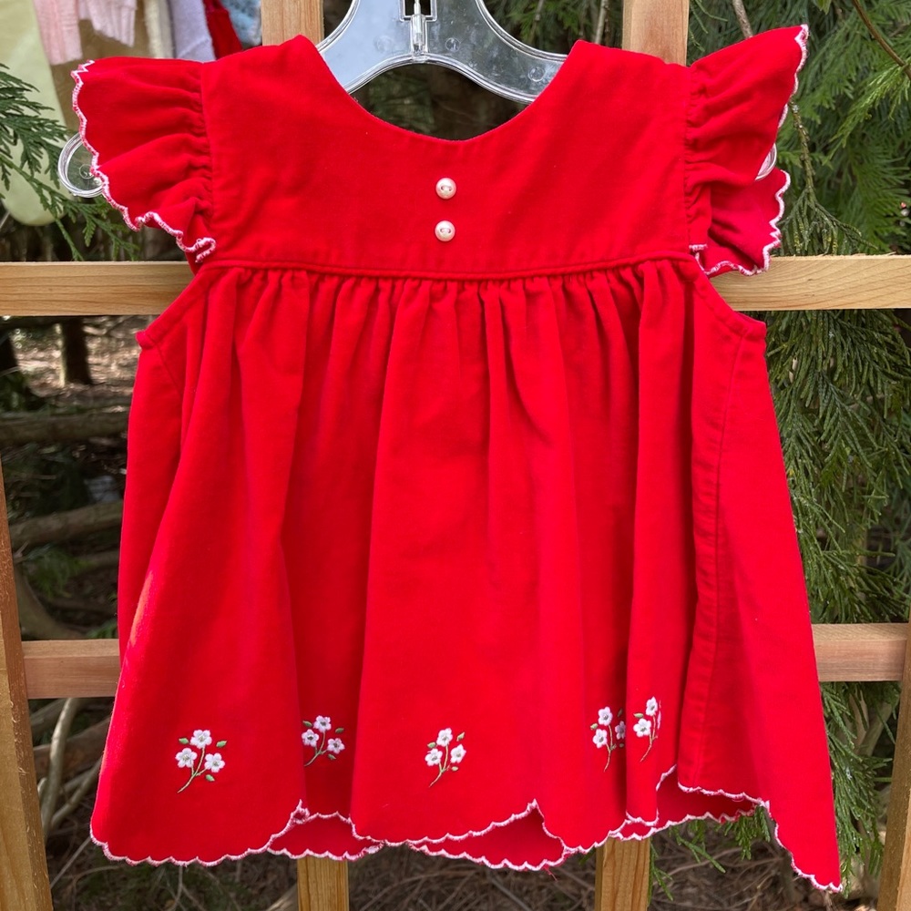 Vintage 2T Red Velveteen Dress W/ Flowers, Spring